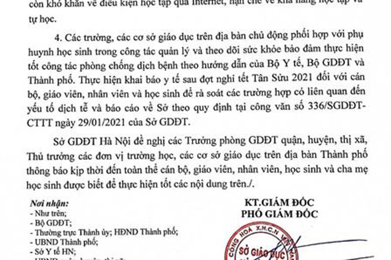 CV số 457/SGDĐT-CTTT Của Sở giáo dục và đào tạo Hà Nội v/v thông báo cho học sinh tạm dừng đến trường nhằm bảo đảm công tác phòng chống dịch bệnh COVID - 19