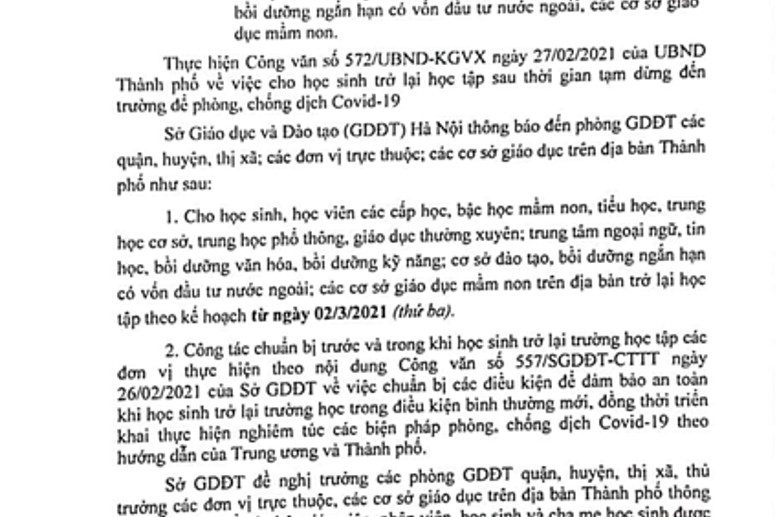 CV số 571/SGDĐT-CTTT của SGD ĐT TP Hà Nội v/v cho học sinh trở lại học tập sau thời gian tạm dừng đến trường để phòng, chống dịch Covid-19
