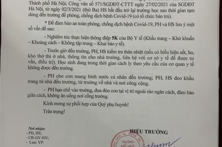 Thông báo số 01/TB-THLTK của trường Tiểu học Lý Thường Kiệt v/v cho học sinh trở lại học tập sau thời gian tạm dừng đến trường để phòng, chống dịch Covid-19
