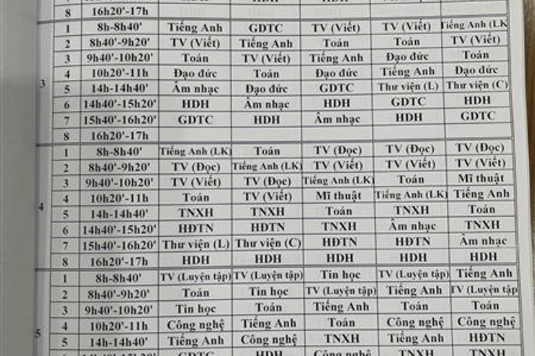 Thời khóa biểu Khối 3 năm học 2022 - 2023