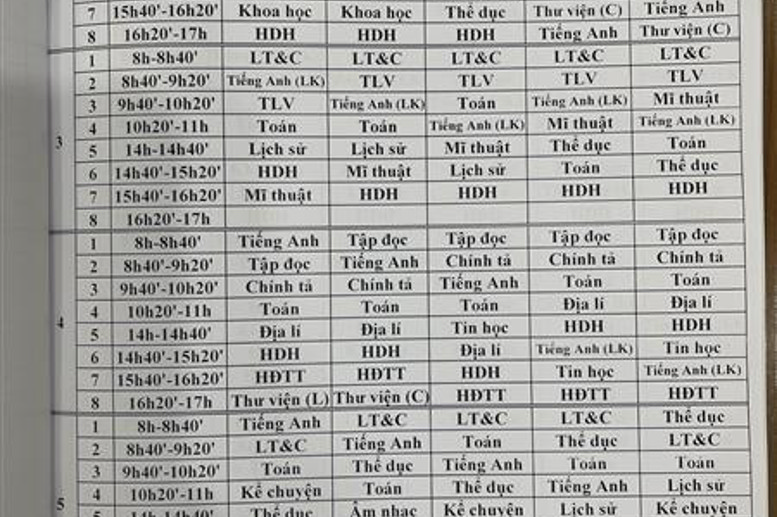 Thời khóa biểu Khối 4 năm học 2022 - 2023
